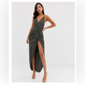 ASOS DESIGN all over sequin drape maxi dress with horn buckle